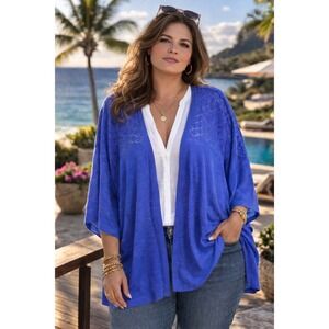 Catherines 4X Cobalt Blue Linen Blend Crochet Open Front Cardigan Coastal Resort
